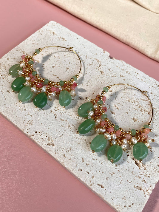 Aria Green Aventurine and Pearl Hoops